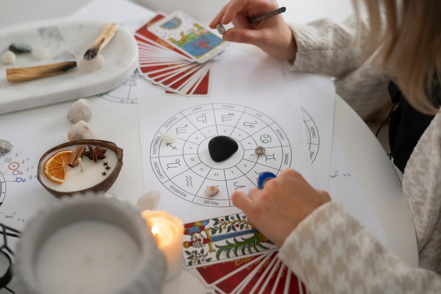 high angle woman reading tarot home 23 2150276067